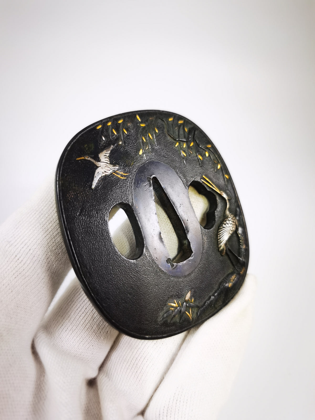 Japanese Sword Fitting Heron Pattern 5-Piece Set for Wakizashi and Tanto Edo Period Antique E015