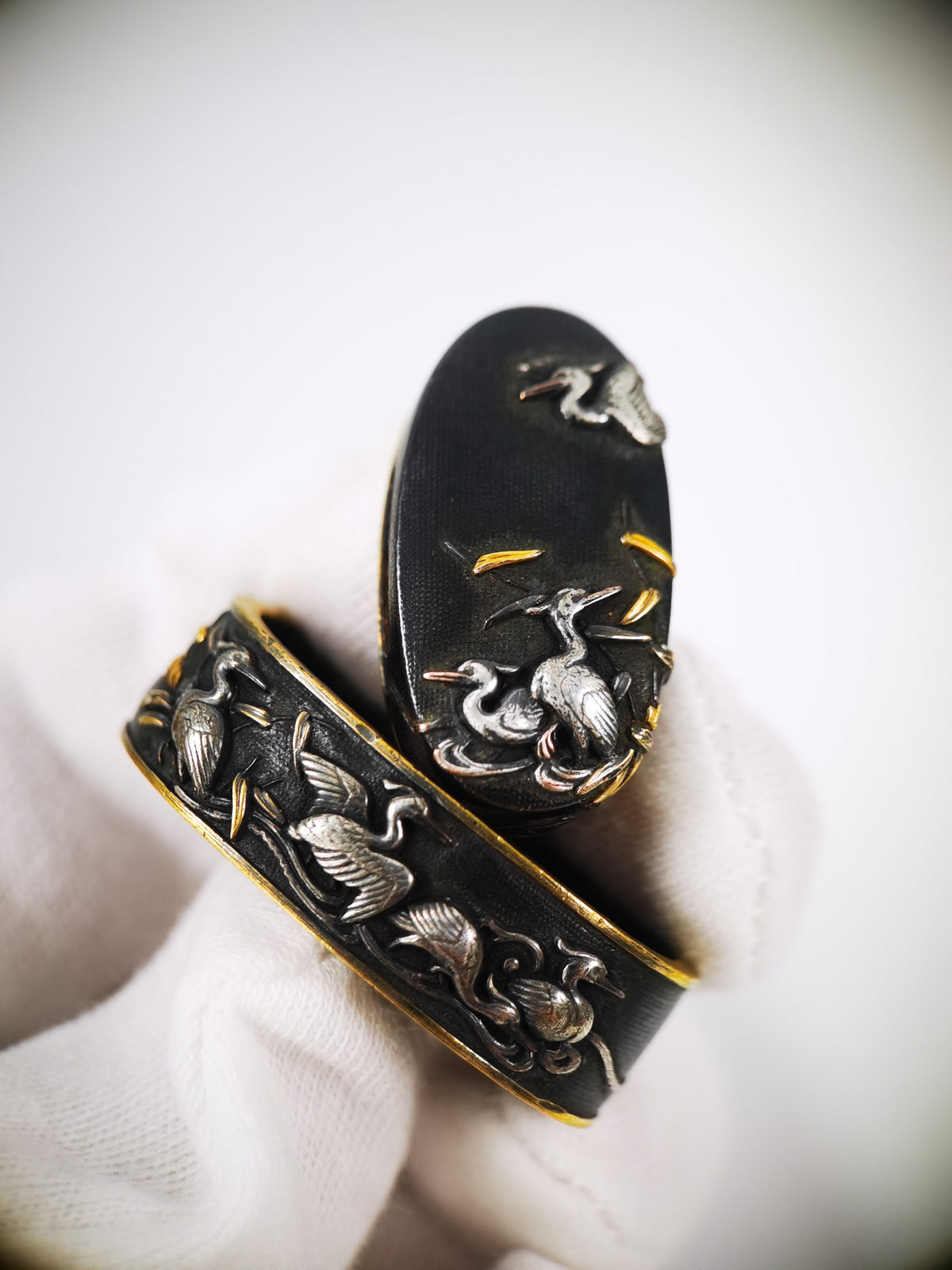 Japanese Sword Fitting Heron Pattern 5-Piece Set for Wakizashi and Tanto Edo Period Antique E015