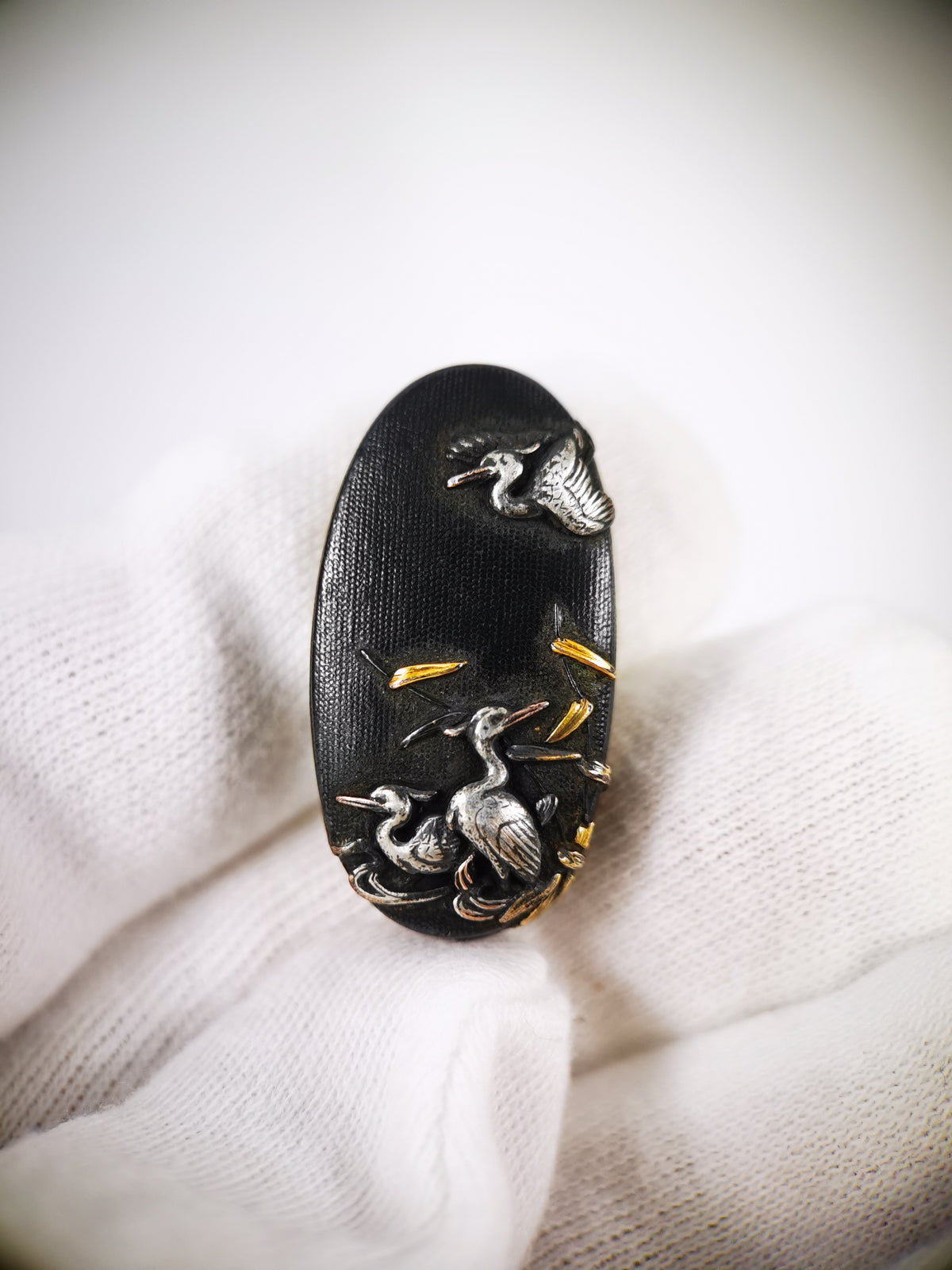 Japanese Sword Fitting Heron Pattern 5-Piece Set for Wakizashi and Tanto Edo Period Antique E015