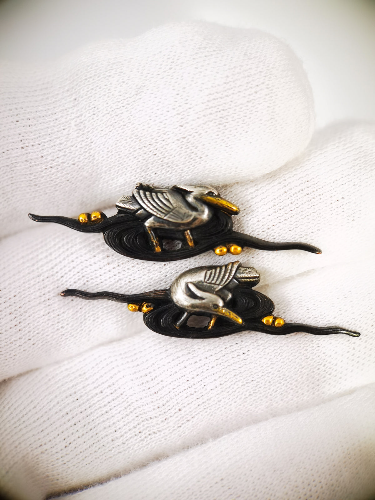 Japanese Sword Fitting Heron Pattern 5-Piece Set for Wakizashi and Tanto Edo Period Antique E015