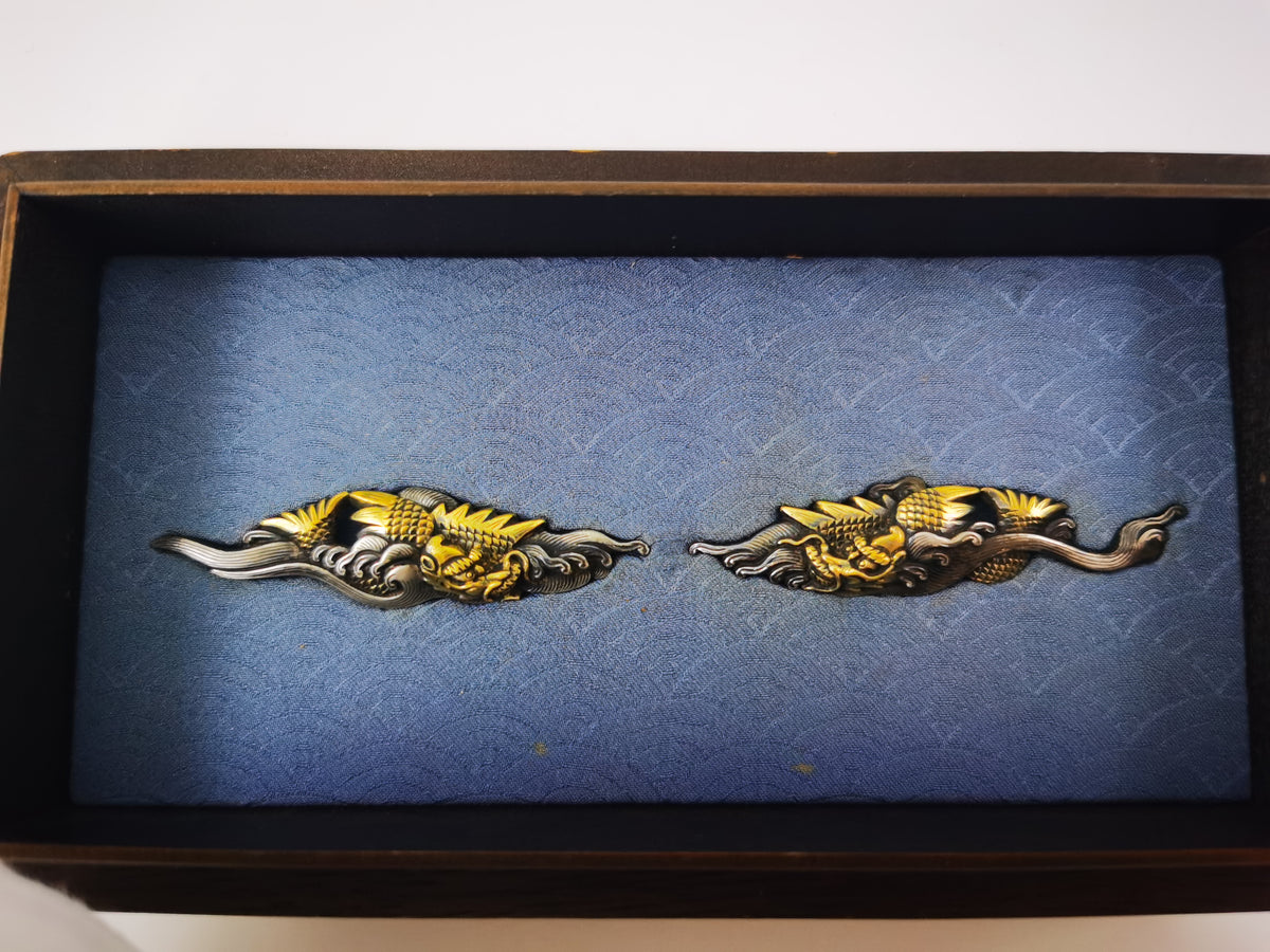 Japanese Sword Fitting Shachihoko and Surging Waves Pattern Menuki for Katana and Tachi Edo Period Antique C124