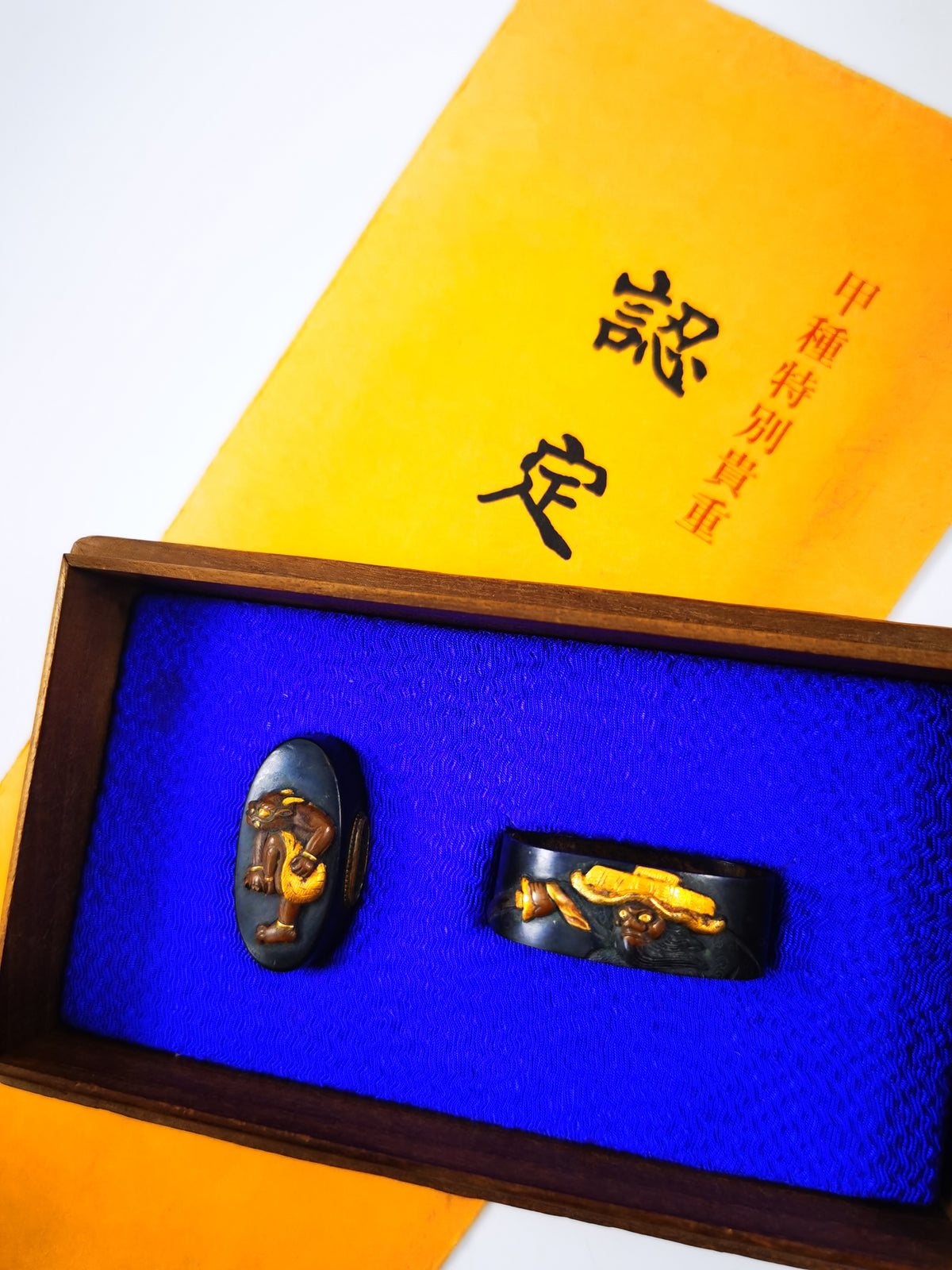 Japanese Sword Fitting Shoki and Oni Pattern Fuchi and Kashira for Katana and Wakzaishi Edo Period Antique B188