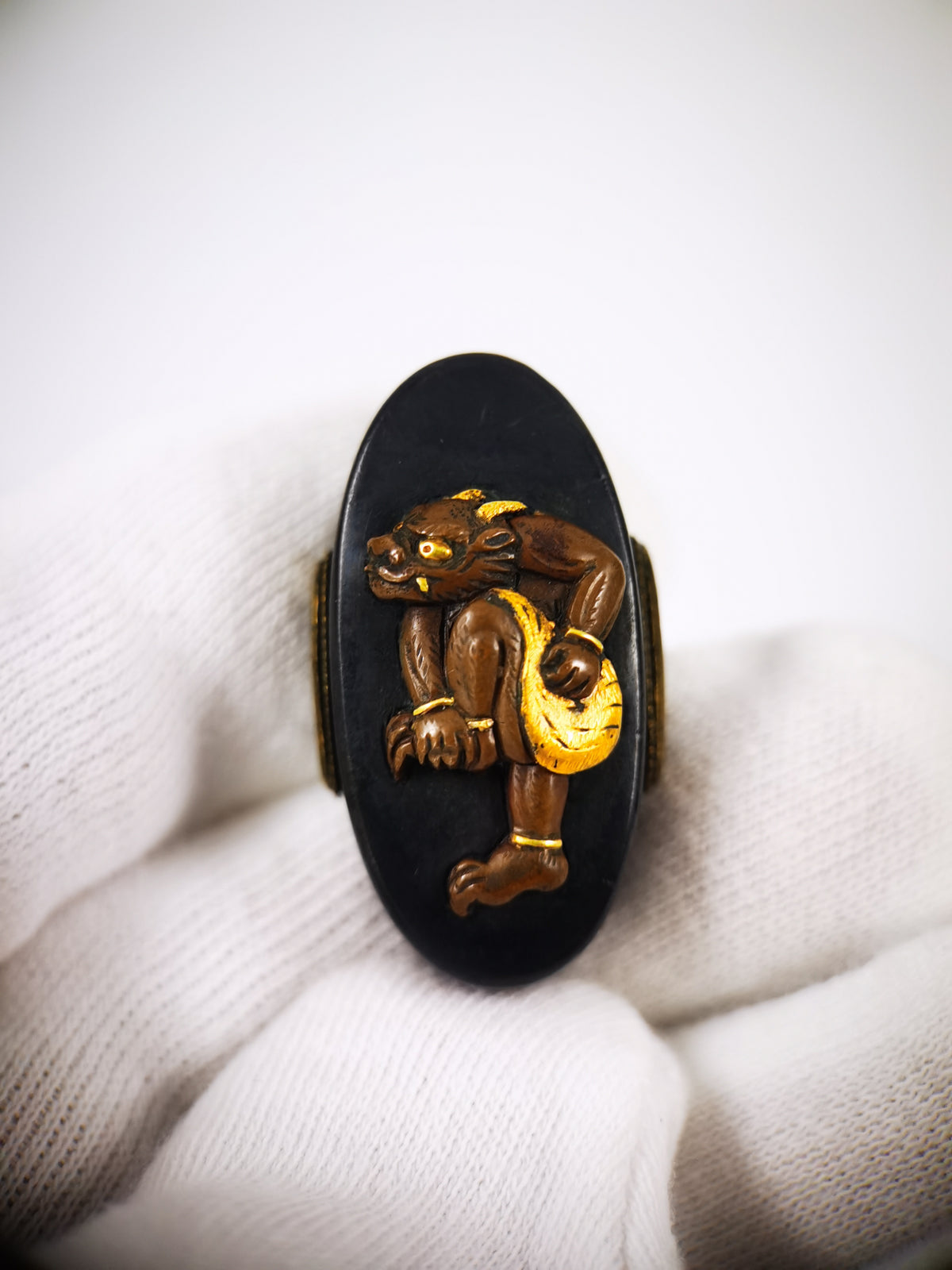 Japanese Sword Fitting Shoki and Oni Pattern Fuchi and Kashira for Katana and Wakzaishi Edo Period Antique B188