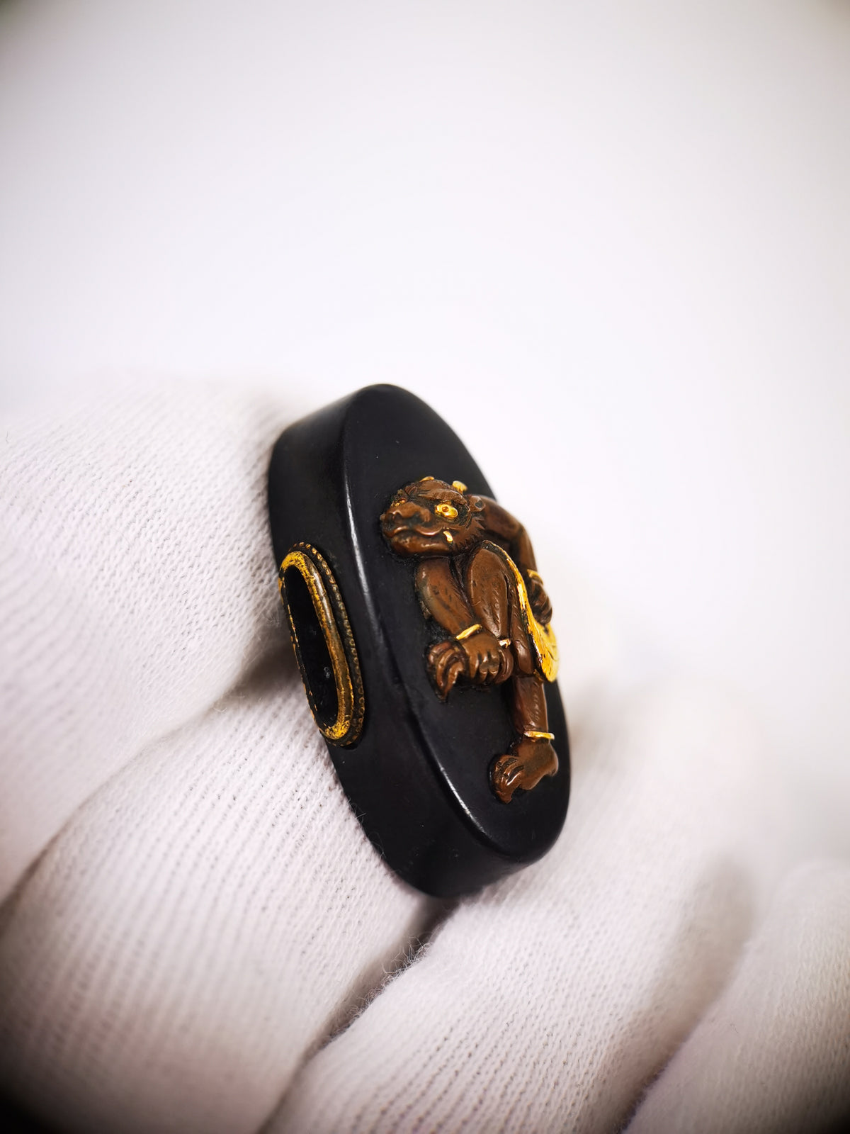 Japanese Sword Fitting Shoki and Oni Pattern Fuchi and Kashira for Katana and Wakzaishi Edo Period Antique B188