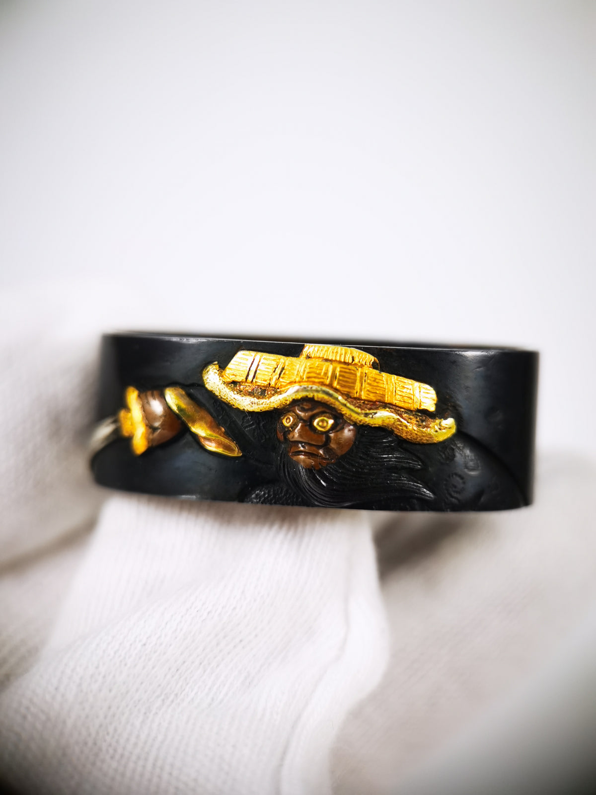 Japanese Sword Fitting Shoki and Oni Pattern Fuchi and Kashira for Katana and Wakzaishi Edo Period Antique B188