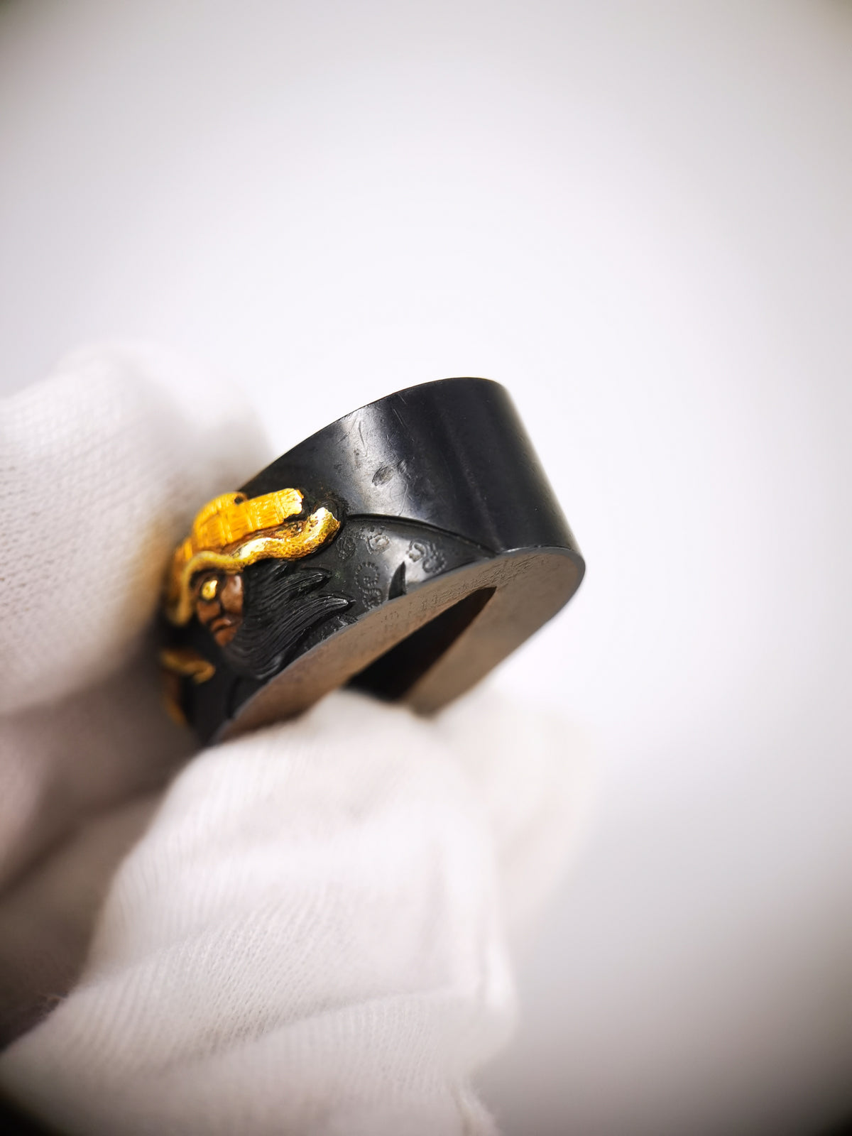 Japanese Sword Fitting Shoki and Oni Pattern Fuchi and Kashira for Katana and Wakzaishi Edo Period Antique B188