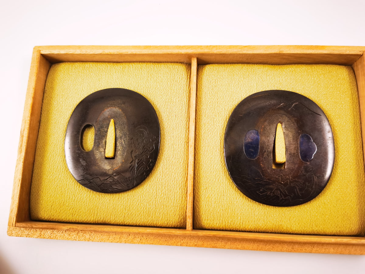 Japanese Sword Fitting Sennin Motif Pair of Tsuba for Wakzaishi Edo Period Antique A373